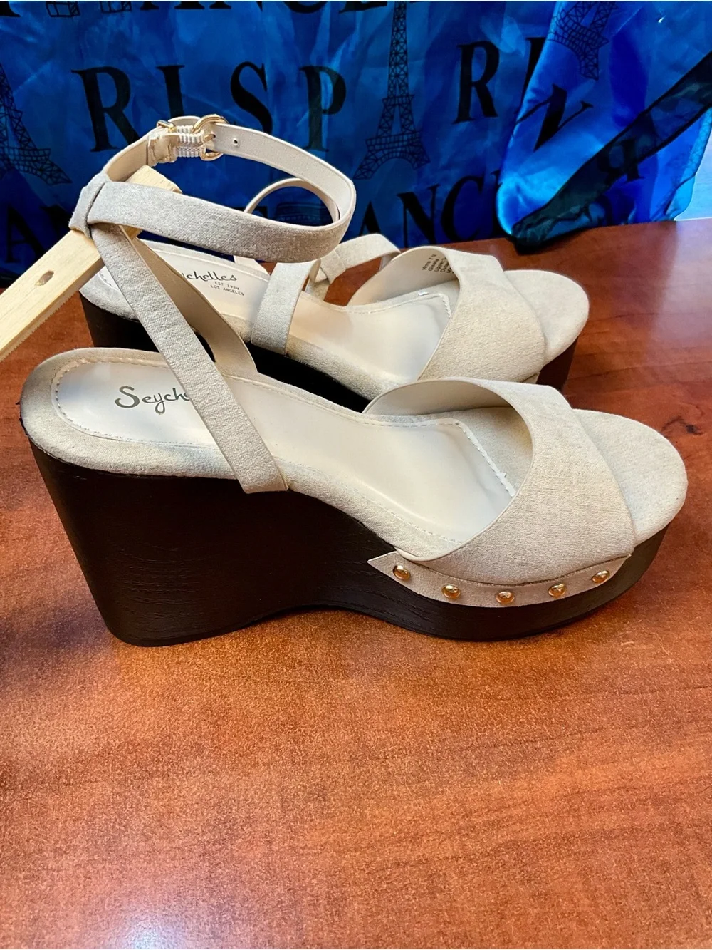 Seychelles Cream Strappy Wedge Sandals with Gold Buckle